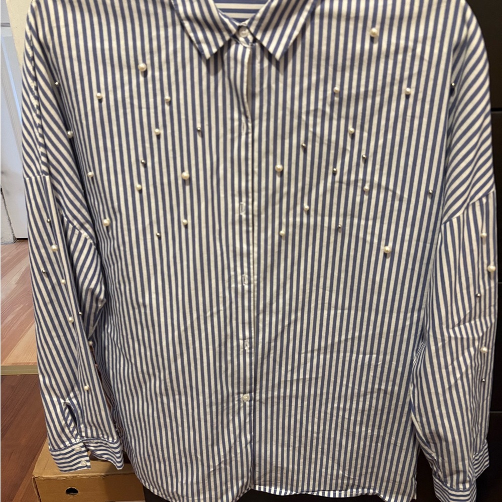 Blue Striped Shirt with pearls
